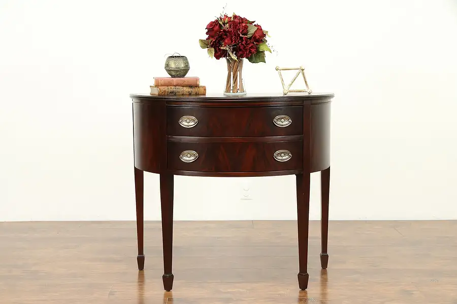 Main image of Mahogany Vintage Hepplewhite Demilune Half Round Hall Console Cabinet