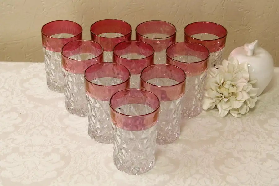 Main image of Set of 10 King's Crown or Thumbprint Cranberry Tumbler Glasses