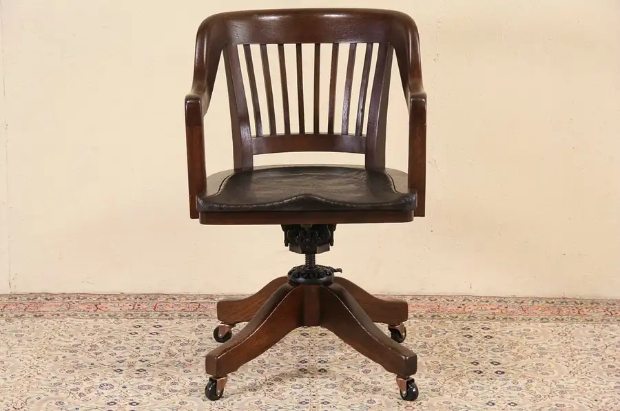Main image of Milwaukee 1914 Pat. Antique Oak & Leather Swivel Adjustable Desk Chair