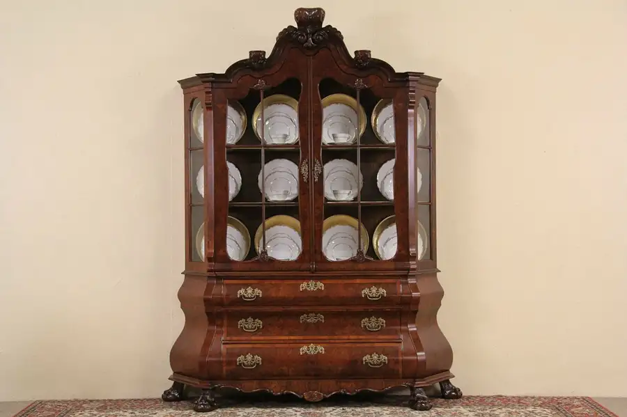 Main image of Dutch Baroque Bombe Burl China Curio Cabinet or Bookcase, 1940's Vintage
