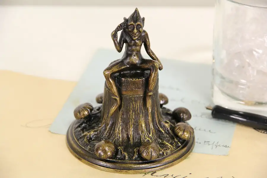 Main image of Dartmoor Pixie on Stump w/ Mushrooms Bronze 1900 Antique Inkwell