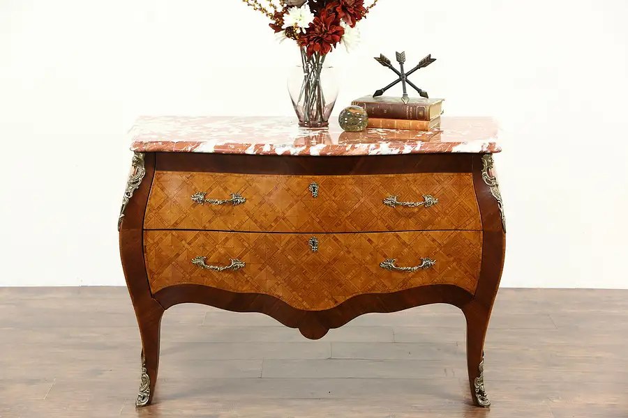 Main image of Bombe Tulipwood & Rosewood Marquetry Commode or Chest, Marble Top, Italy