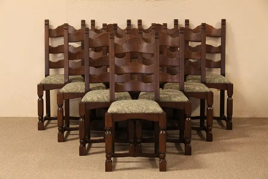 Main image of Set of 10 Antique Oak Dining Chairs, Upholstered