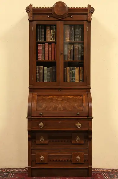 Main image of Victorian Eastlake 1880 Antique Rolltop Secretary Desk & Bookcase