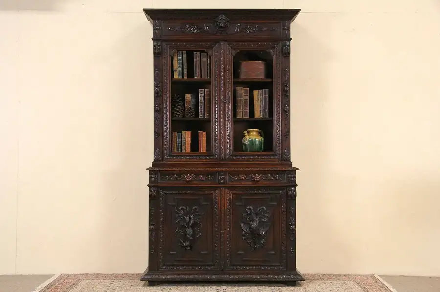 Main image of Black Forest 1880 Antique Carved Oak Bookcase China Hunt Cabinet