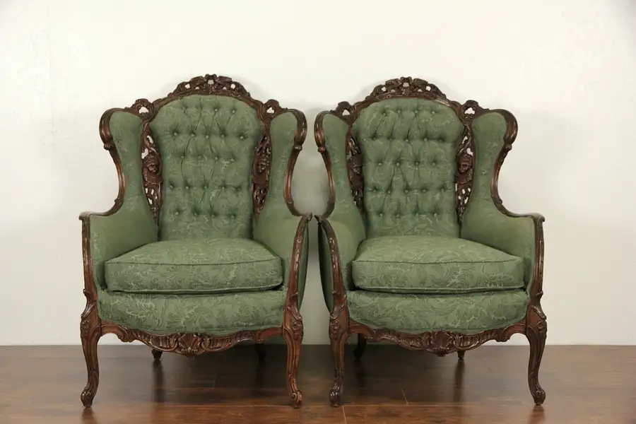 Main image of Pair Carved Lovebird & Angel 1940's Vintage Wing Chairs