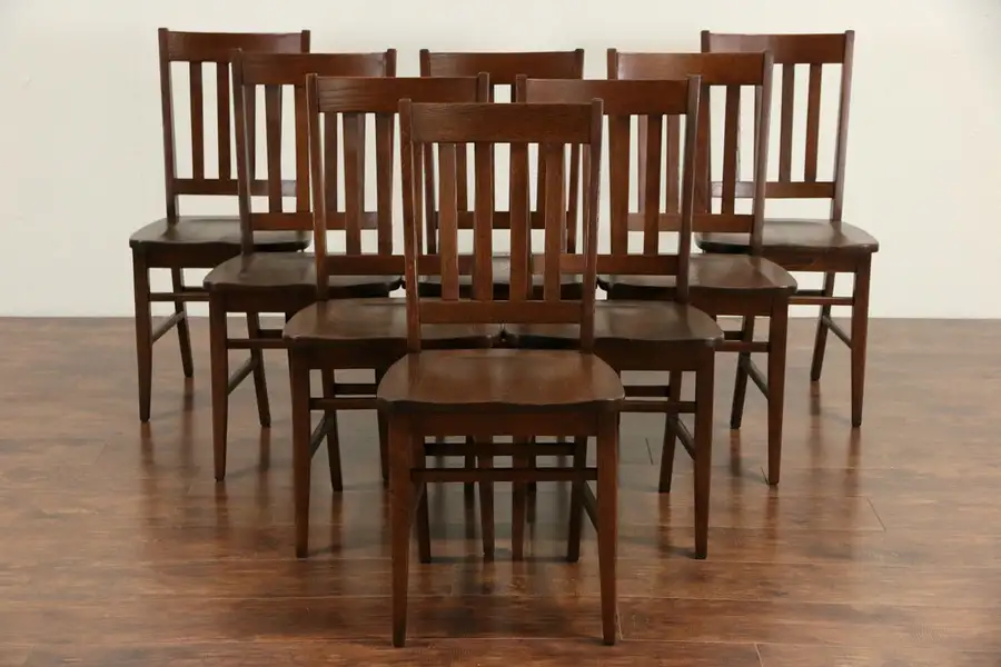 Main image of Arts & Crafts Style Set of 8 Vintage Quarter Sawn Oak Dining Chairs
