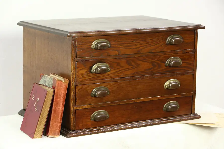 Main image of Oak 1890 Antique Spool Cabinet, Jewelry or Collector Chest, 4 Drawers