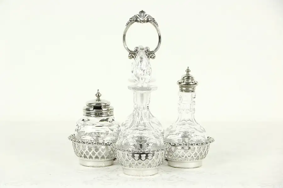 Main image of Victorian Silverplate & Cut Glass 1890 Antique Cruet or Castor Set, Signed PNS