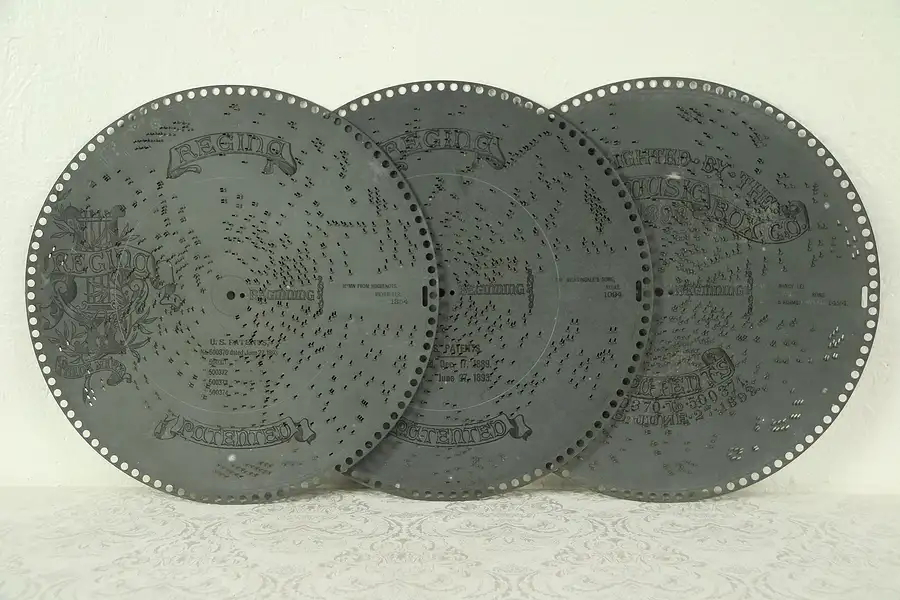 Main image of Three Antique 15 1/2" Regina Music Box Discs