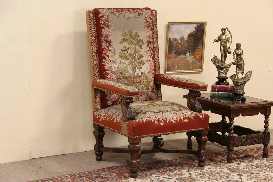 Main image of Oak & Needlepoint Antique 1890 Throne, Hall or Host Chair