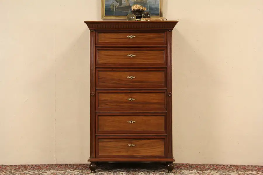Main image of Tall Chest or Highboy, 1890 Carved Mahogany German Antique