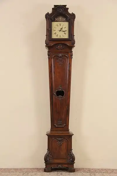 Main image of Country French Long Case Oak 1880 Antique Grandfather Clock, Quartz Movement