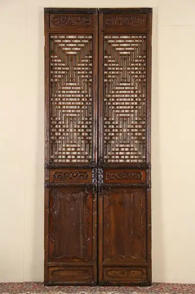 Main image of Pair Chinese Antique 1900 Architectural Salvage Grillwork Doors, Iron Handles