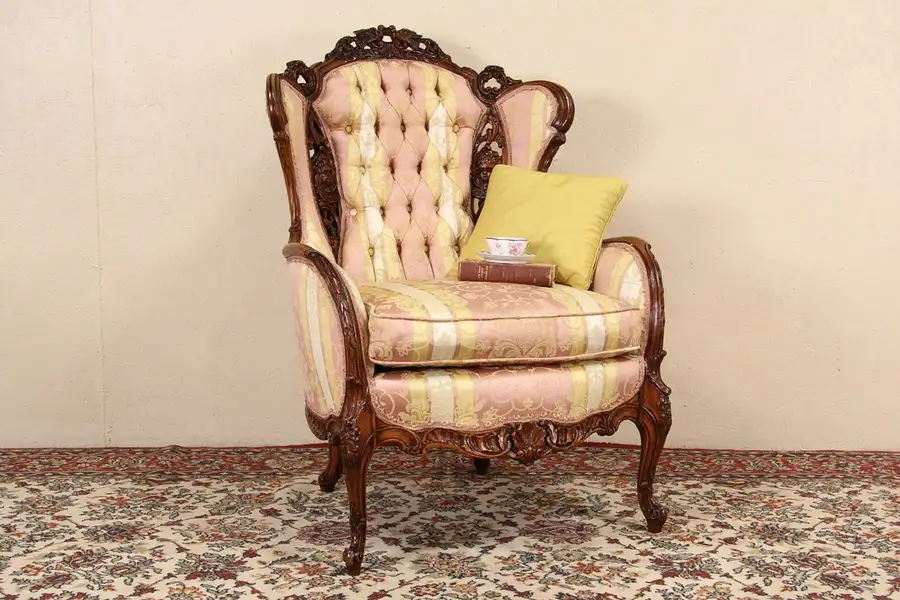 Main image of Angels & Birds Carved Wing Chair, 1940's Vintage