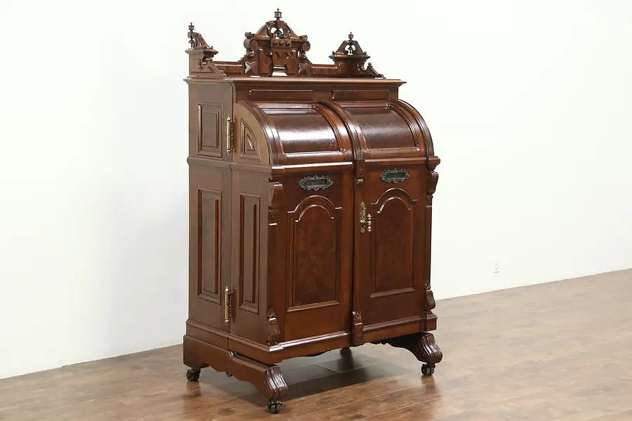 Main image of Wooton Signed Victorian 1874 Patent Antique Walnut & Burl Desk, Swings Open