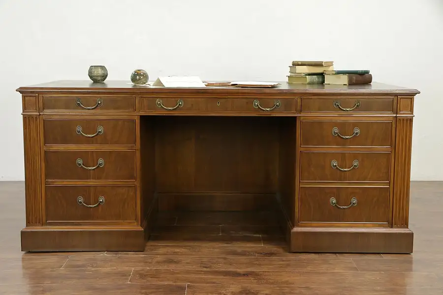 Main image of Traditional Vintage Custom Walnut Executive Office Desk, Tooled Leather