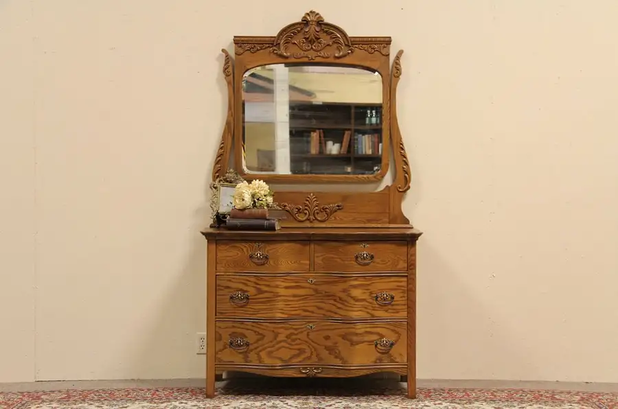 Main image of Carved Oak Dresser, Beveled Mirror