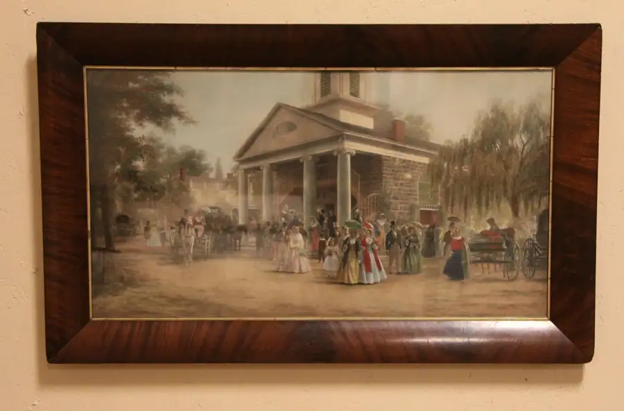 Main image of Sunday After Church Colonial Scene Print, 1860 Mahogany Frame