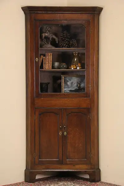 Main image of Oak 1900 Antique English Corner Cabinet, Wavy Glass Door