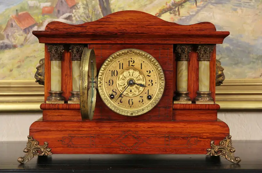 Main image of Seth Thomas 1890's Antique Pillar Mantel Clock, Faux Rosewood, Gong Strike