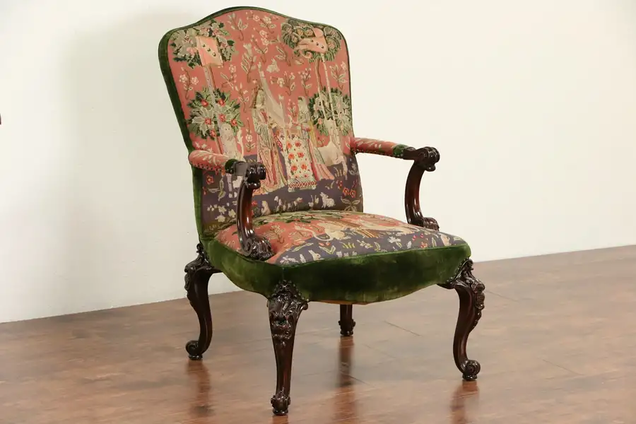 Main image of Lion & Unicorn Needlepoint Tapestry 1910 Antique Carved Chair with Arms