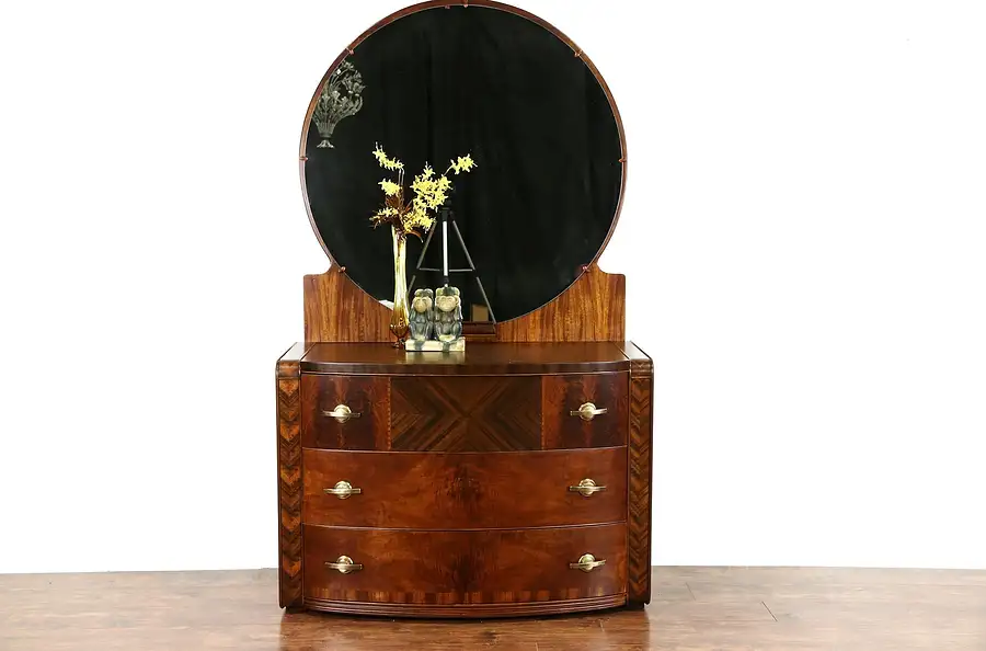 Main image of Art Deco 1930 Vintage Chest or Dresser & Mirror, Matched Burl