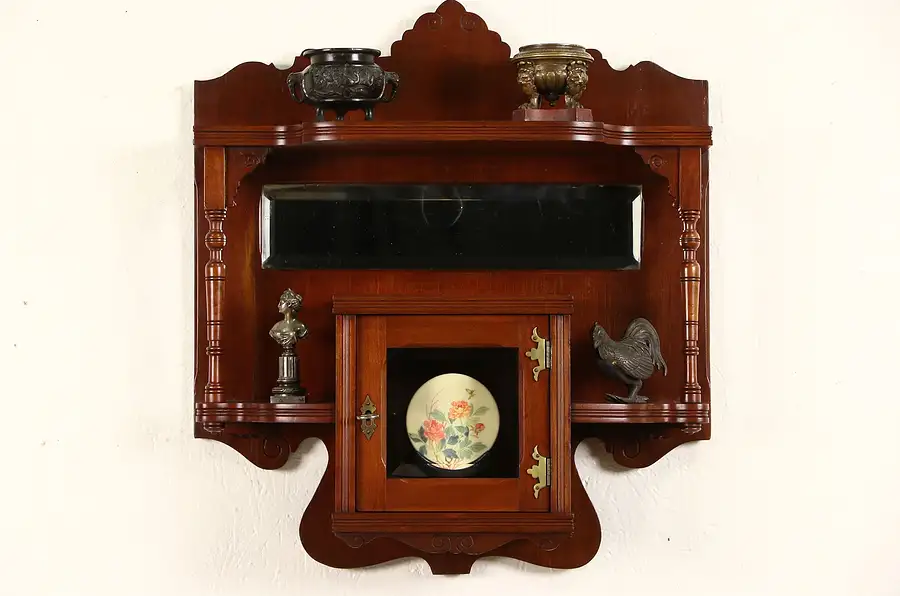 Main image of Victorian Eastlake 1880 Antique Cherry Wall Shelf & Cabinet, Beveled Mirror