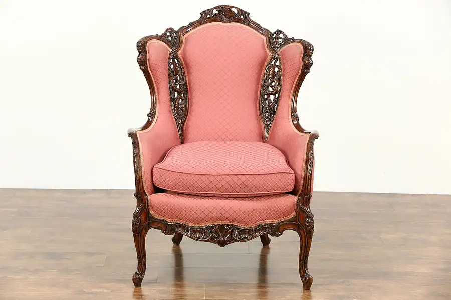 Main image of Vintage Wingchair, Carved Music & Figure Motifs, New Upholstery
