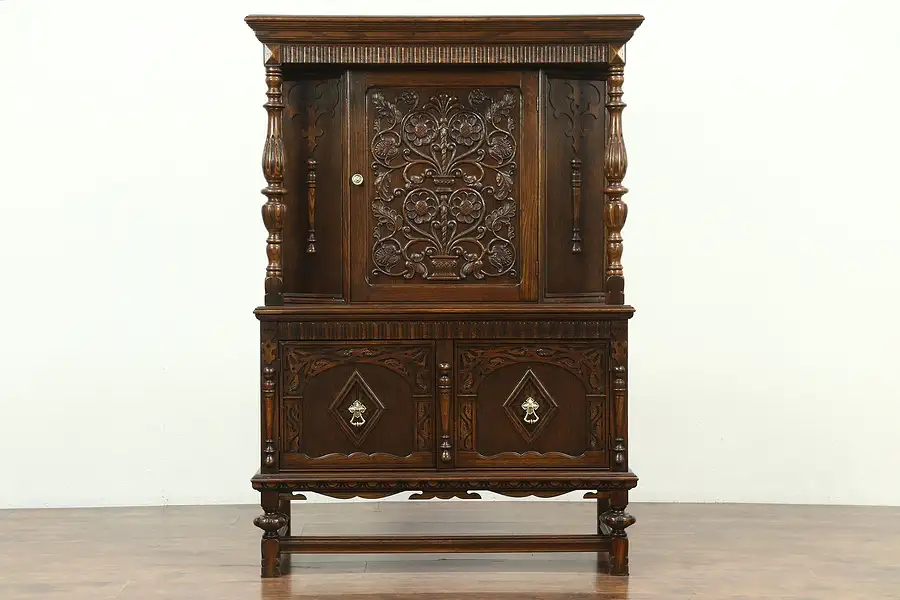 Main image of English Tudor Carved Oak Antique China or Bar Cabinet, Signed Hodell