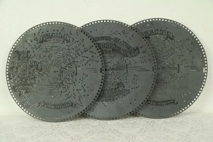 Main image of Three Antique 15 1/2" Regina Music Box Discs