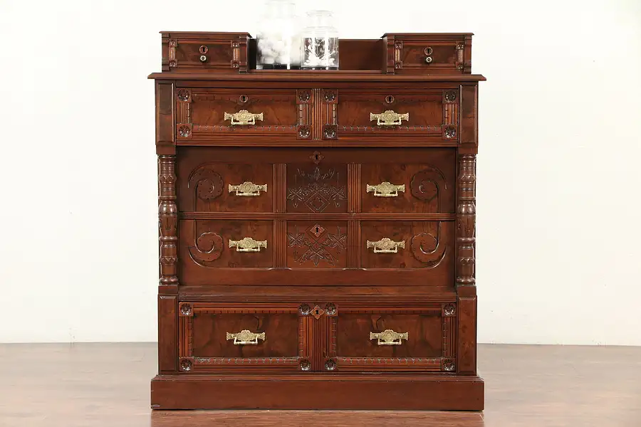 Main image of Victorian Eastlake Antique Walnut Chest or Dresser, Jewelry Drawers