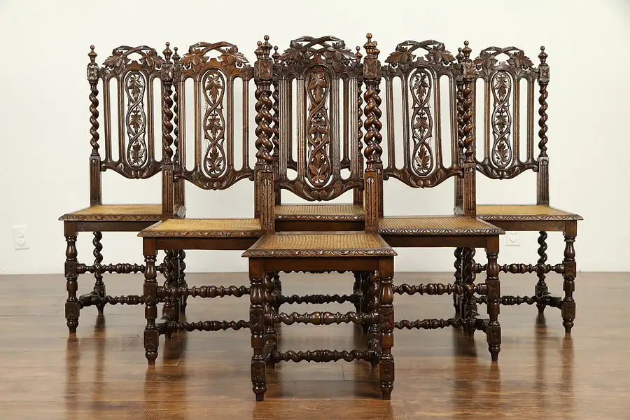 Main image of Set of 6 Antique Black Forest Grapevine Carved Oak Dining Chairs