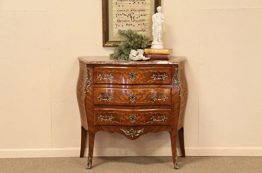 Main image of Bombe Mahogany & Rosewood Marquetry Marble Top Chest