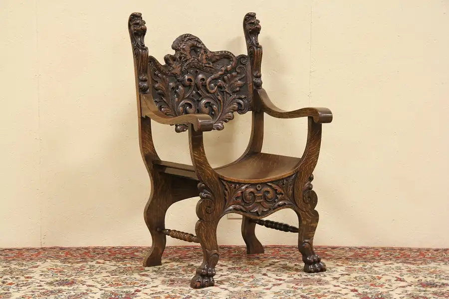 Main image of Lion & Dragon Carved Antique Oak Hall or Throne Chair