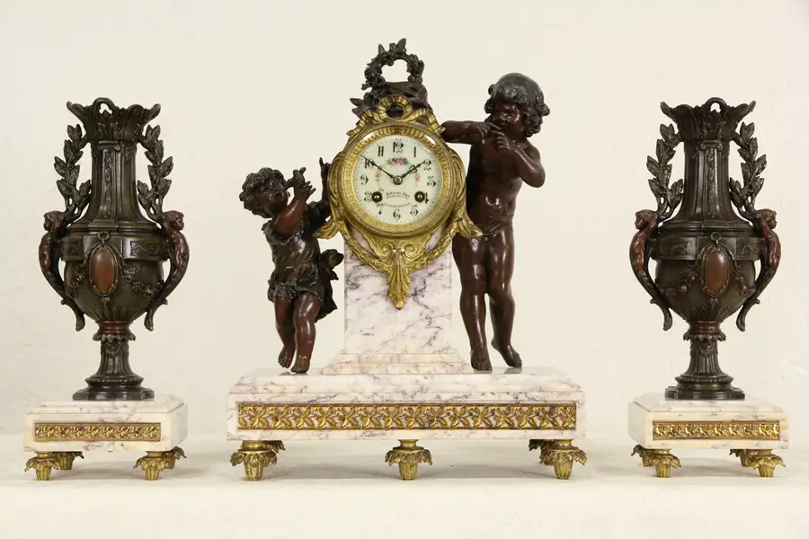 Main image of French Marble Antique 1890's Signed Mantel Clock Set & Side Urns, Clermont