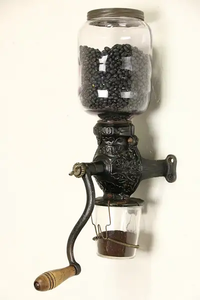 Main image of Arcade Crystal 1890's Antique Wall Coffee Grinder, Iron & Glass