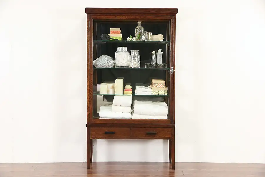 Main image of Oak 1900 Antique Doctor Medical or Bathroom Cabinet, Adjustable Glass Shelves