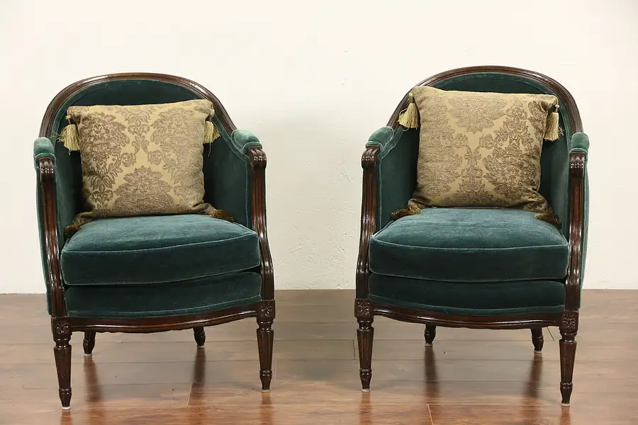 Main image of Pair 1930's Vintage Carved Country French Chairs, Recent Mohair Upholstery