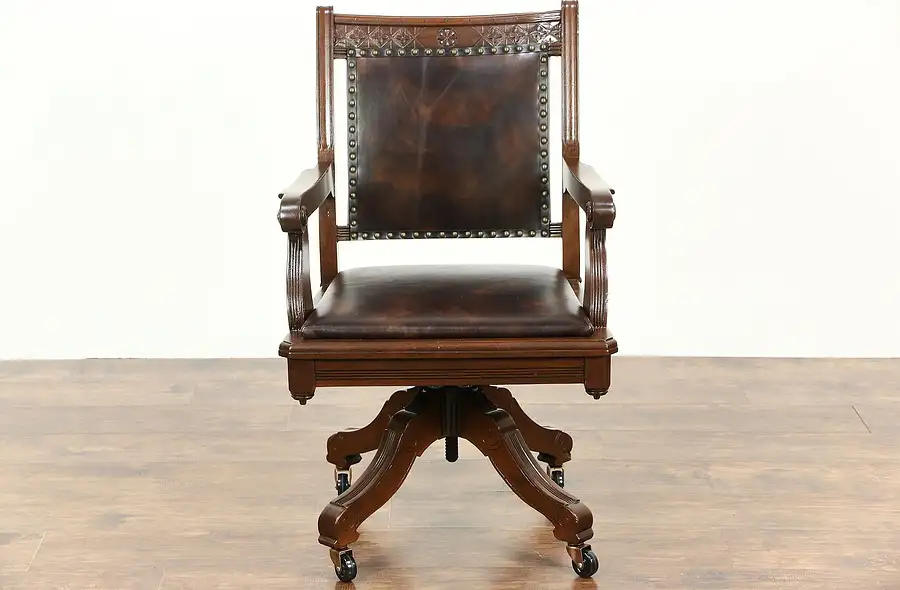 Main image of Victorian Eastlake 1890 Antique Walnut Swivel Desk Chair, New Leather