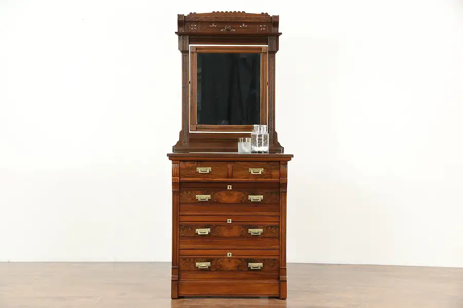 Main image of Victorian 1880 Antique Walnut Chest or Dresser & Mirror