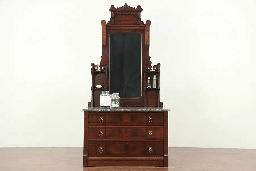 Main image of Victorian Eastlake Antique Walnut Chest or Dresser, Mirror, Marble Top