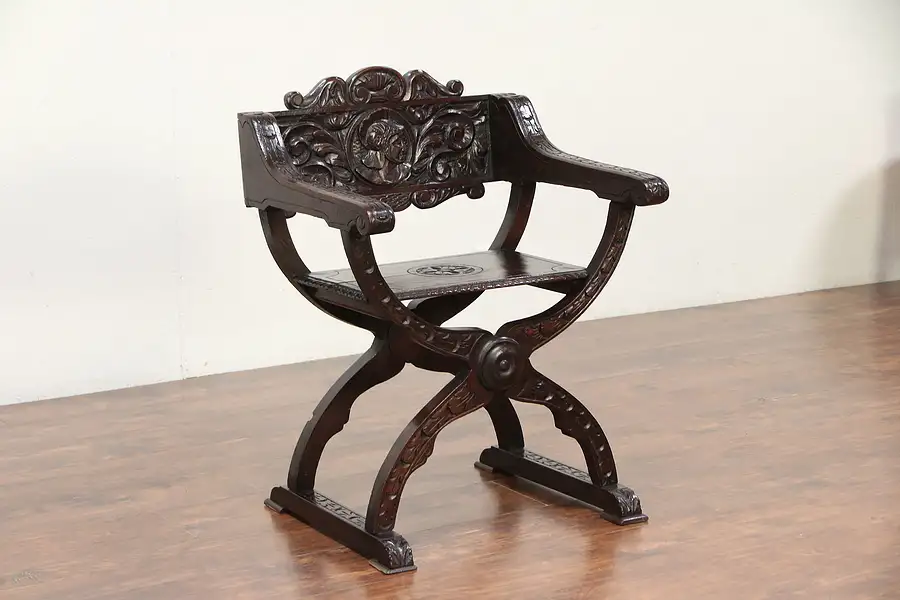 Main image of Savonarola Italian Roman Style Antique Pine Hall Chair, Carved Head