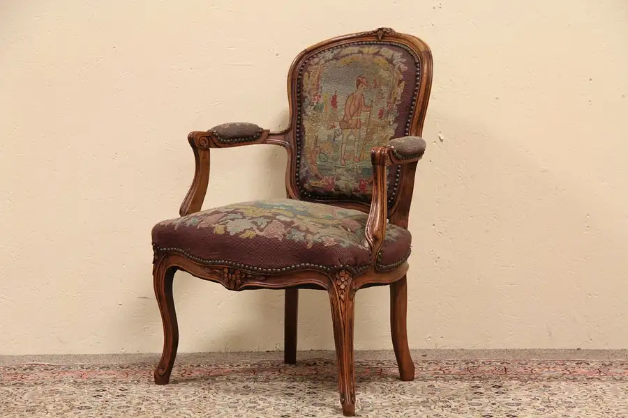 Main image of French Provincial Needlepoint Hunt Scene Armchair