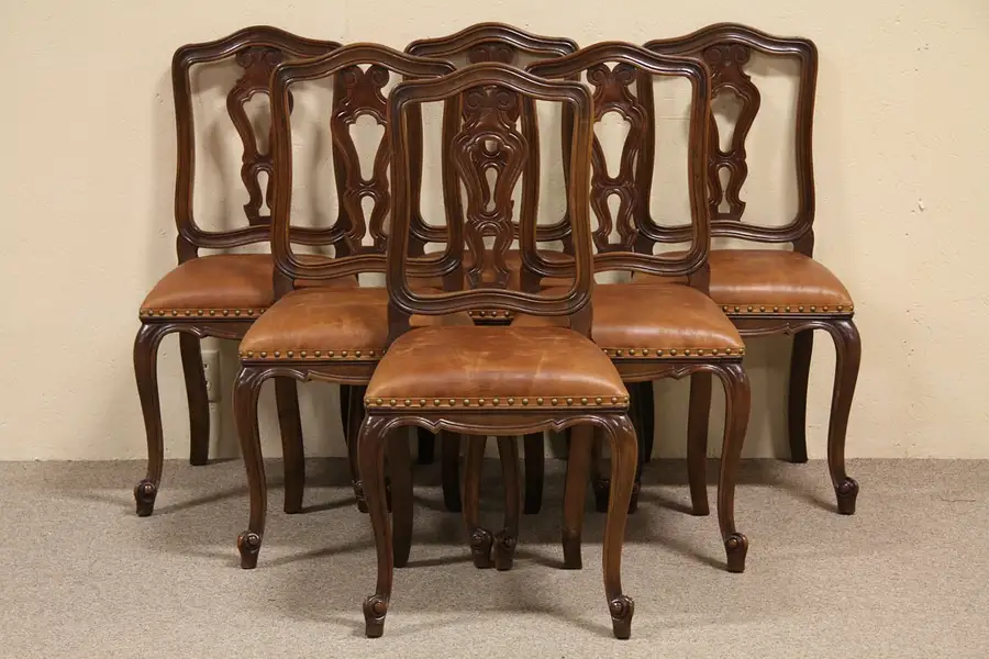 Main image of Italian Set of 6 Carved Dining Chairs, Leather Seats