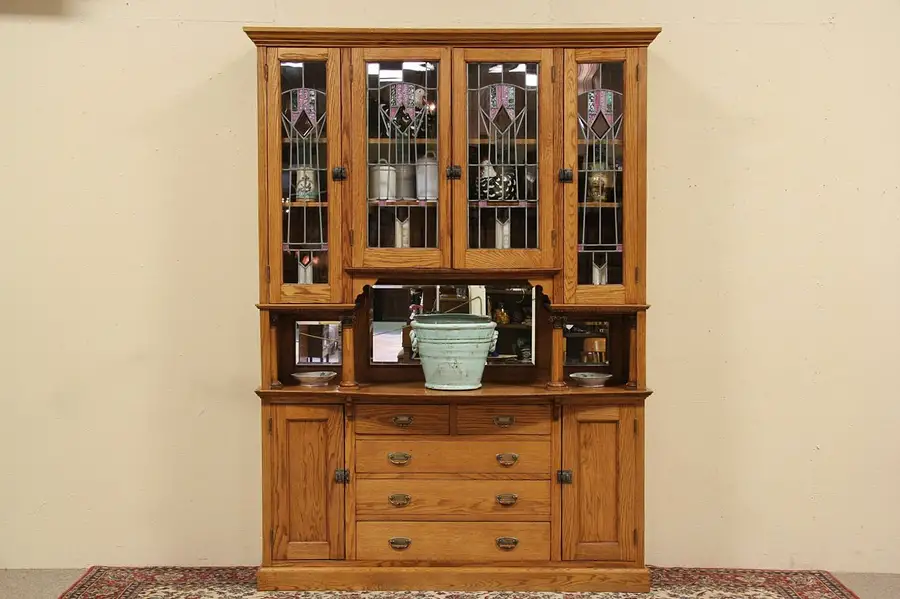 Main image of Arts & Crafts Oak Pantry Cupboard China Cabinet, Stained Glass