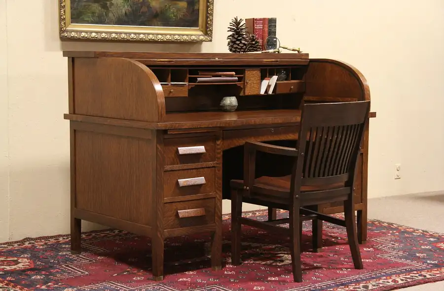 Main image of Arts & Crafts Antique 1910 Mission Oak Roll Top Desk