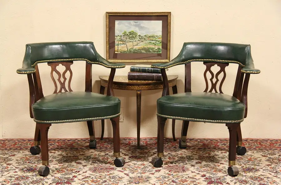 Main image of Pair of Hickory Chair Vintage Leather Rolling Armchairs