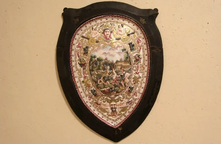 Main image of Capodimonte Royal Naples 1800's Porcelain Shield Plaque, Leather Frame