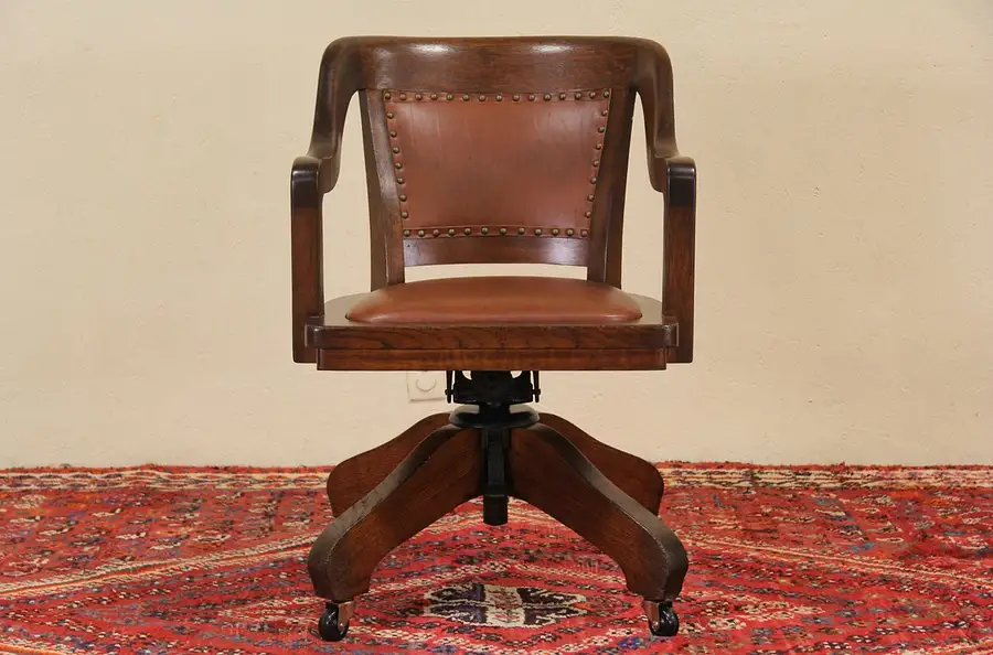 Main image of Oak 1910 Antique Wisconsin Swivel Desk Chair, Leather Upholstery